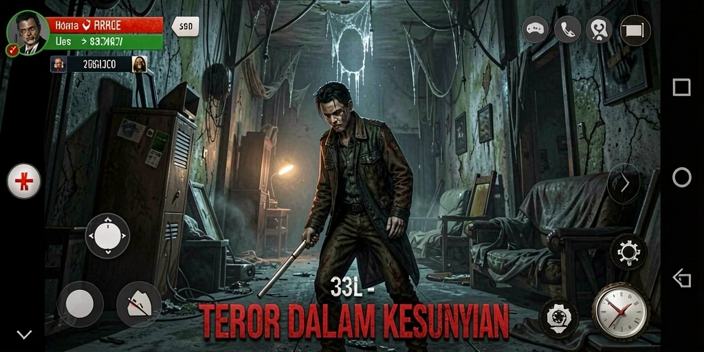 Tampilan gameplay yang menegangkan di 33L, penuh kegelapan dan ketakutan.