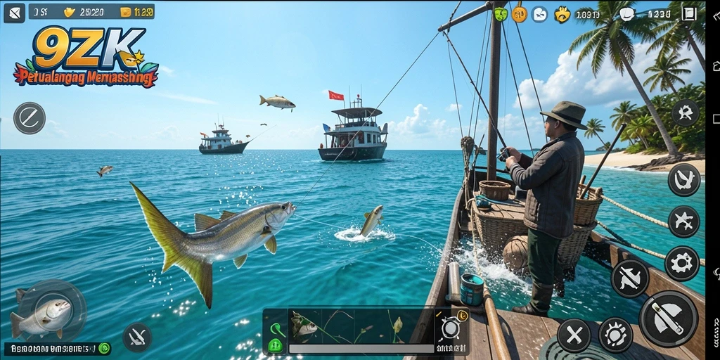 Screenshot menunjukkan aksi memancing seru di laut dengan ikan besar.