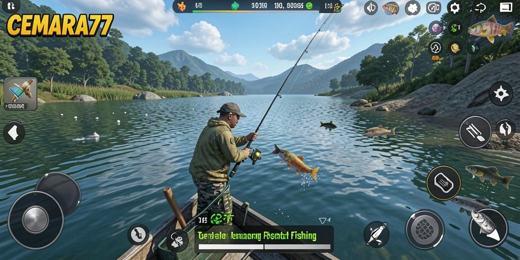Screenshot gameplay CEMARA77 menampilkan suasana tenang saat memancing.