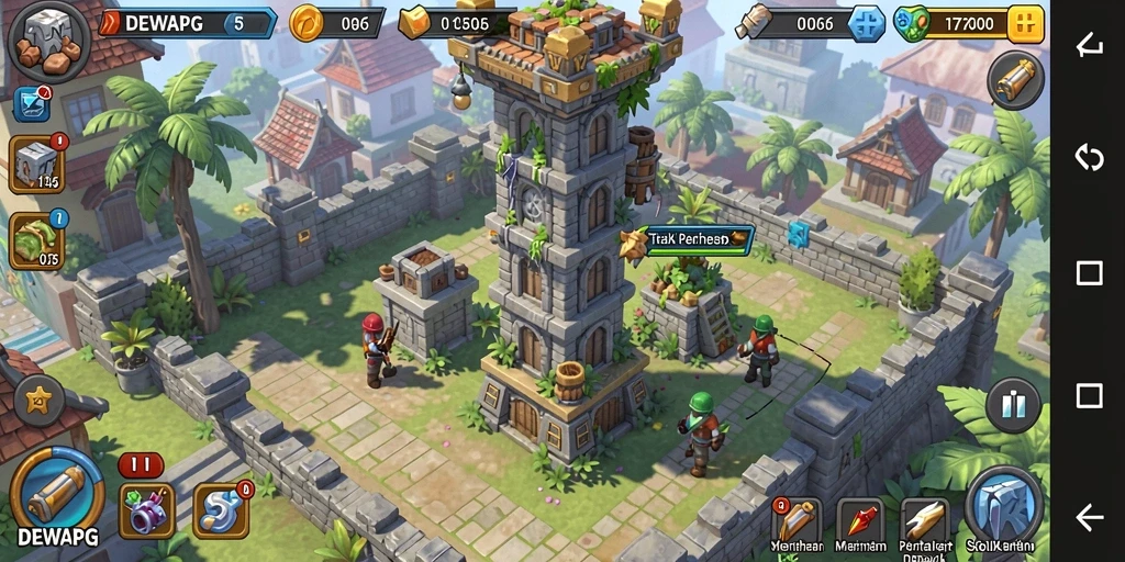 Tampilan gameplay seru dengan menara dan serangan musuh di DEWAPG.