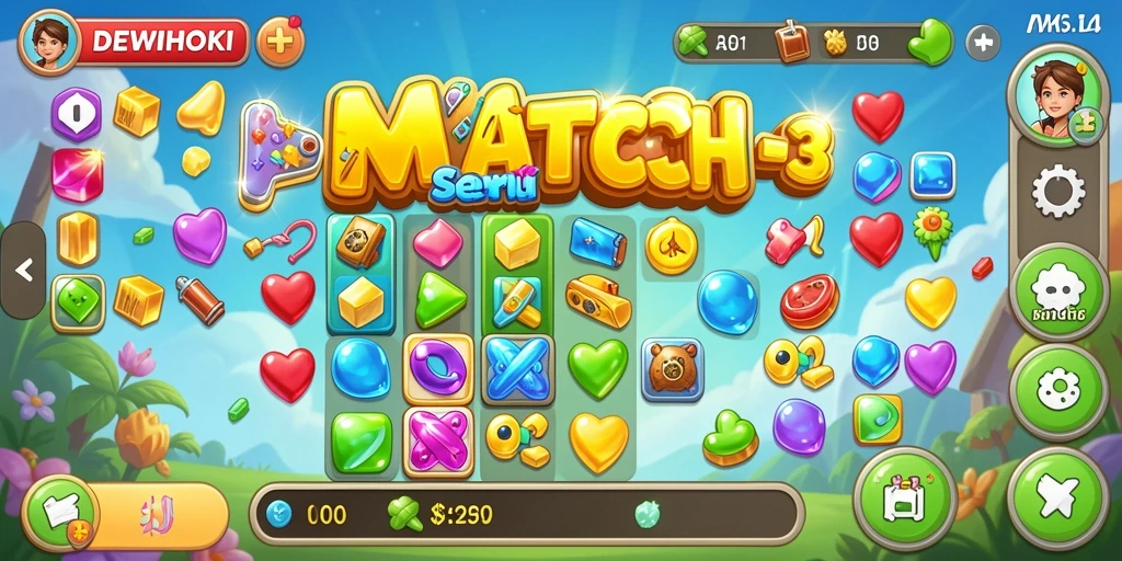Tampilan gameplay DEWIHOKI dengan aksesoris match-3 yang ceria.