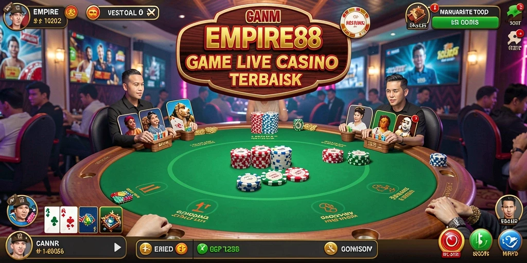 Tangkapan layar EMPIRE88 menampilkan dealer langsung dan suasana kasino yang mendebarkan.