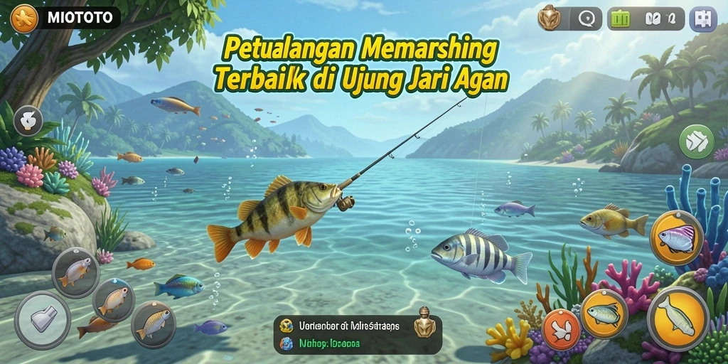 Tampilan gameplay MIOTOTO saat pemain menangkap ikan di perairan yang indah.