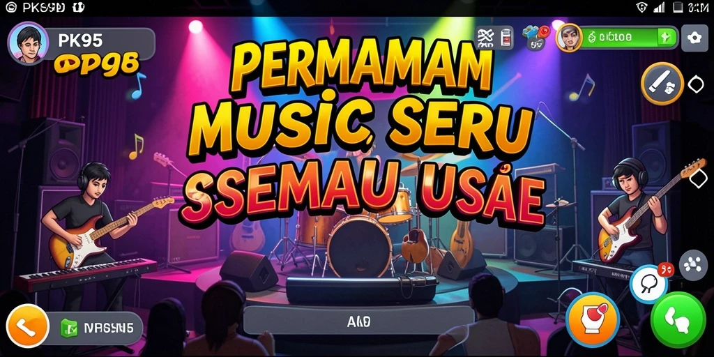 Tampilan permainan PK95 yang menarik dengan animasi musik yang dinamis.