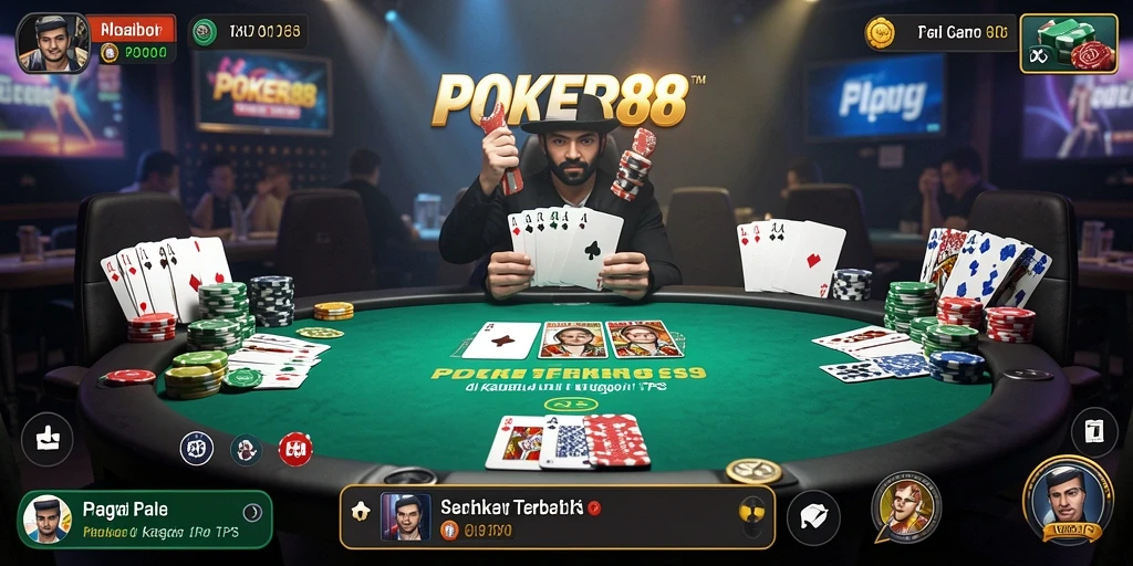 Screenshot gameplay POKER88 menampilkan meja poker yang penuh aksi.