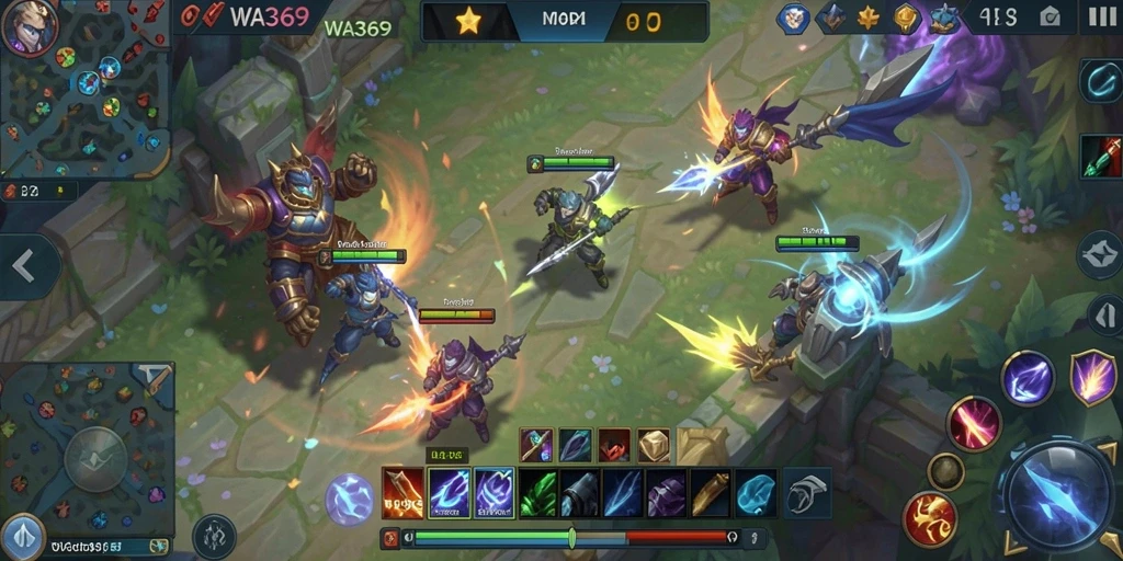 Screenshot utama menunjukkan pertempuran intens dengan karakter-karakter MOBA yang beraksi.